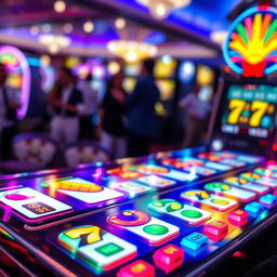 A close-up of a colorful and exciting casino slot machine, featuring various symbols like fruits, lucky sevens, and dollar signs that gleam under bright lights