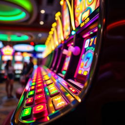 A close-up of a colorful and exciting casino slot machine, featuring various symbols like fruits, lucky sevens, and dollar signs that gleam under bright lights