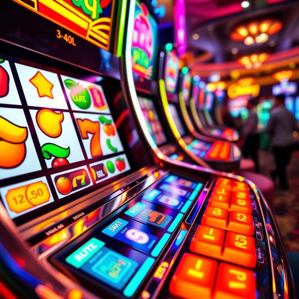 A close-up of a colorful and exciting casino slot machine, featuring various symbols like fruits, lucky sevens, and dollar signs that gleam under bright lights