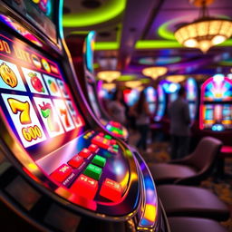 A close-up of a colorful and exciting casino slot machine, featuring various symbols like fruits, lucky sevens, and dollar signs that gleam under bright lights