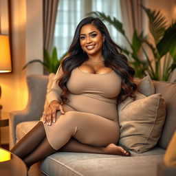 A confident and glamorous plus-size woman lounging on a stylish couch in a chic living room setting