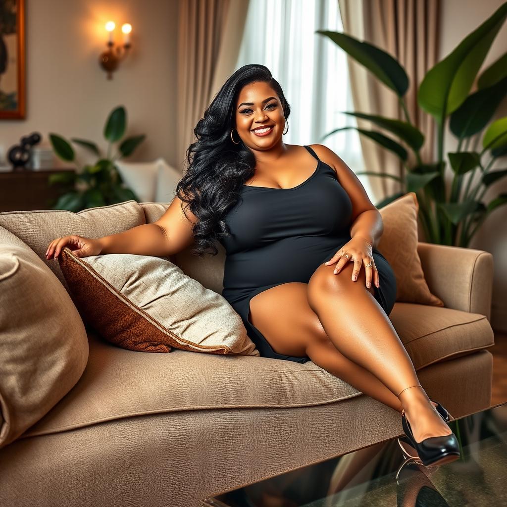 A confident and glamorous plus-size woman lounging on a stylish couch in a chic living room setting