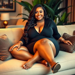 A confident and glamorous plus-size woman lounging on a stylish couch in a chic living room setting