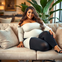 A confident and glamorous plus-size woman lounging on a stylish couch in a chic living room setting