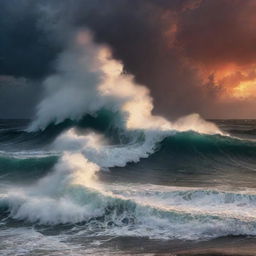 An extremely fearful ocean scene, with monstrous waves crashing violently during a torrential storm, under a sky bleeding with the fiery shades of a fuming sunset.