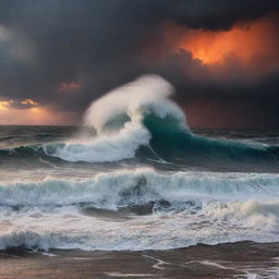 An extremely fearful ocean scene, with monstrous waves crashing violently during a torrential storm, under a sky bleeding with the fiery shades of a fuming sunset.