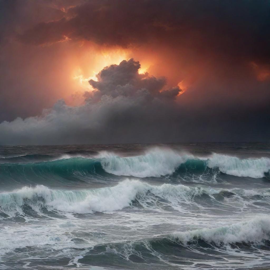 An extremely fearful ocean scene, with monstrous waves crashing violently during a torrential storm, under a sky bleeding with the fiery shades of a fuming sunset.