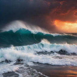 An extremely fearful ocean scene, with monstrous waves crashing violently during a torrential storm, under a sky bleeding with the fiery shades of a fuming sunset.