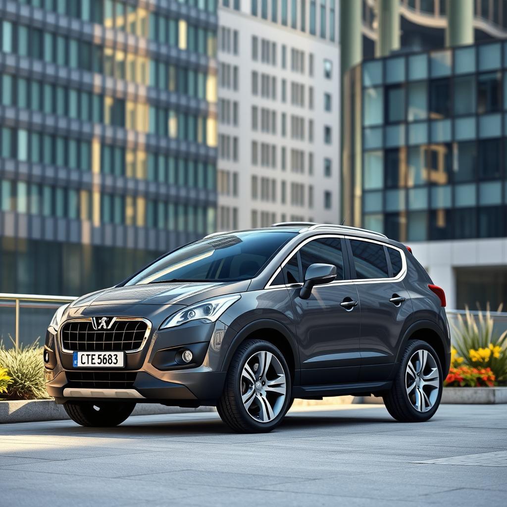 A stylish 2009 Peugeot 3008 in a deep Nardo Grey paint finish, positioned against an urban backdrop