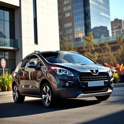 A stylish 2009 Peugeot 3008 in a deep Nardo Grey paint finish, positioned against an urban backdrop