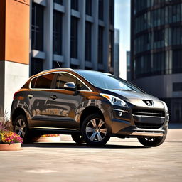 A stylish 2009 Peugeot 3008 in a deep Nardo Grey paint finish, positioned against an urban backdrop