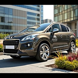 A stylish 2009 Peugeot 3008 in a deep Nardo Grey paint finish, positioned against an urban backdrop