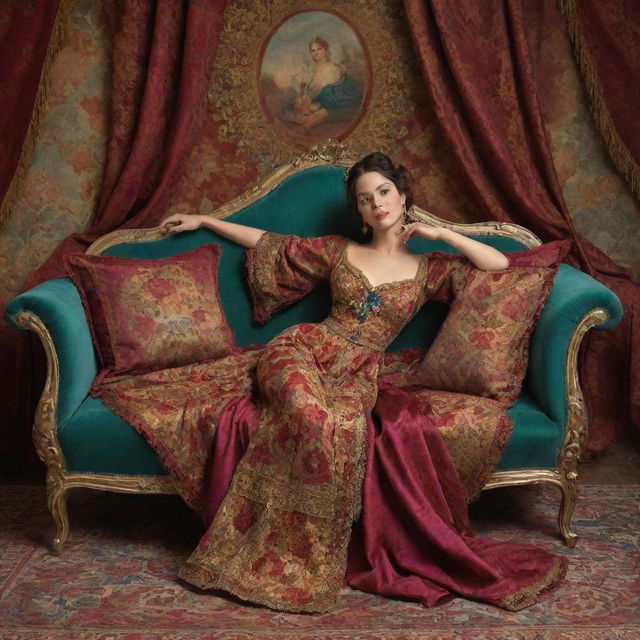 Artistic portrayal of a Maja, an iconic figure of Spanish culture, lounging on a divan. She is depicted in a relaxed pose, her outfit vibrant and elaborate, against the lavishly decorated backdrop of the divan.