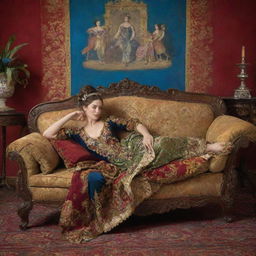 Artistic portrayal of a Maja, an iconic figure of Spanish culture, lounging on a divan. She is depicted in a relaxed pose, her outfit vibrant and elaborate, against the lavishly decorated backdrop of the divan.