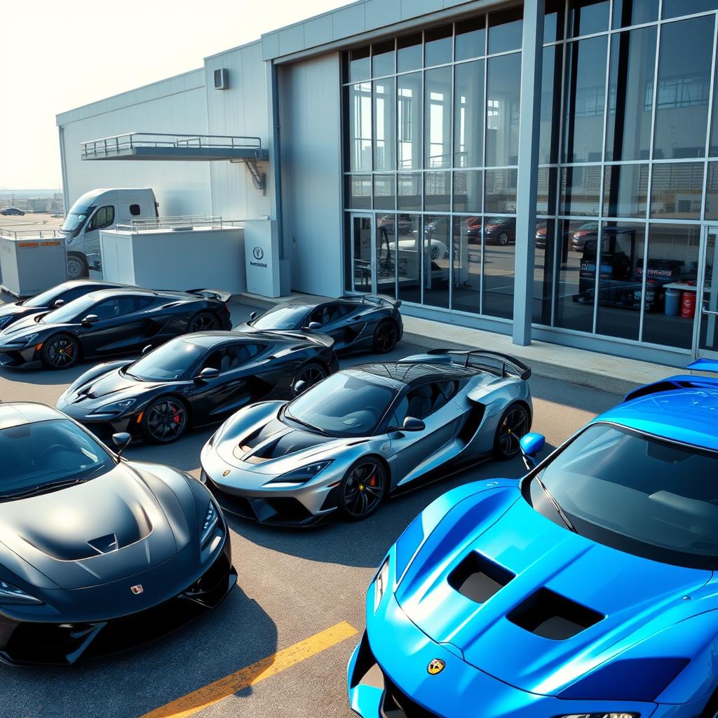 A scene featuring various models of sports cars from the new brand "Asphalt Auto" parked alongside a modern factory