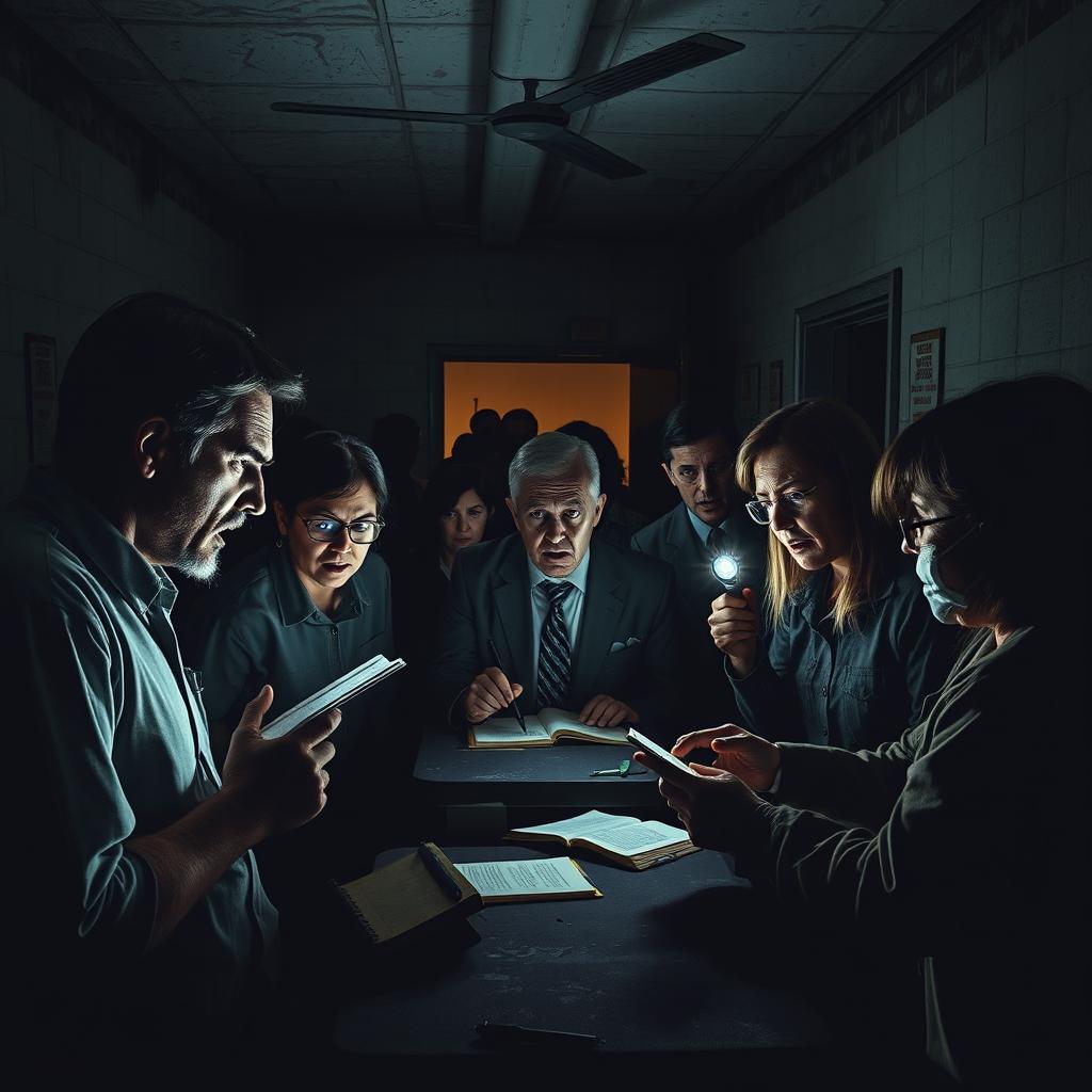 At a dilapidated government facility, frustrated citizens are seen arguing and fighting with weary employees amidst pitch darkness