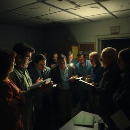 At a dilapidated government facility, frustrated citizens are seen arguing and fighting with weary employees amidst pitch darkness