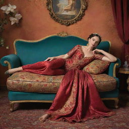 Artistic portrayal of a Maja, an iconic figure of Spanish culture, lounging on a divan. She is depicted in a relaxed pose, her outfit vibrant and elaborate, against the lavishly decorated backdrop of the divan.