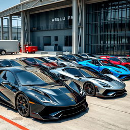 A scene featuring various models of sports cars from the new brand "Asphalt Auto" parked alongside a modern factory