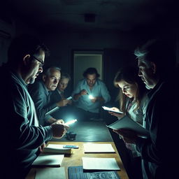 At a dilapidated government facility, frustrated citizens are seen arguing and fighting with weary employees amidst pitch darkness