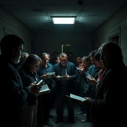 At a dilapidated government facility, frustrated citizens are seen arguing and fighting with weary employees amidst pitch darkness