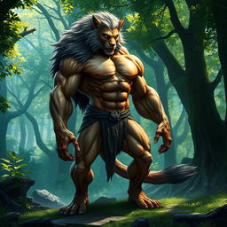 A muscular hybrid creature that combines features of a man and a wild animal, such as a lion or a wolf, showcasing powerful limbs and an athletic physique