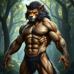 A muscular hybrid creature that combines features of a man and a wild animal, such as a lion or a wolf, showcasing powerful limbs and an athletic physique