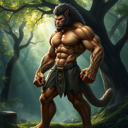 A muscular hybrid creature that combines features of a man and a wild animal, such as a lion or a wolf, showcasing powerful limbs and an athletic physique