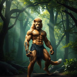 A muscular hybrid creature that combines features of a man and a wild animal, such as a lion or a wolf, showcasing powerful limbs and an athletic physique