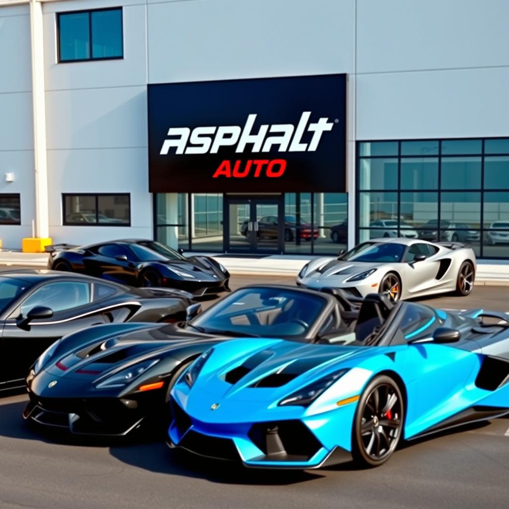 A vibrant scene featuring multiple models of sports cars from the new brand "Asphalt Auto" parked next to a modern factory