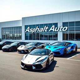 A vibrant scene featuring multiple models of sports cars from the new brand "Asphalt Auto" parked next to a modern factory