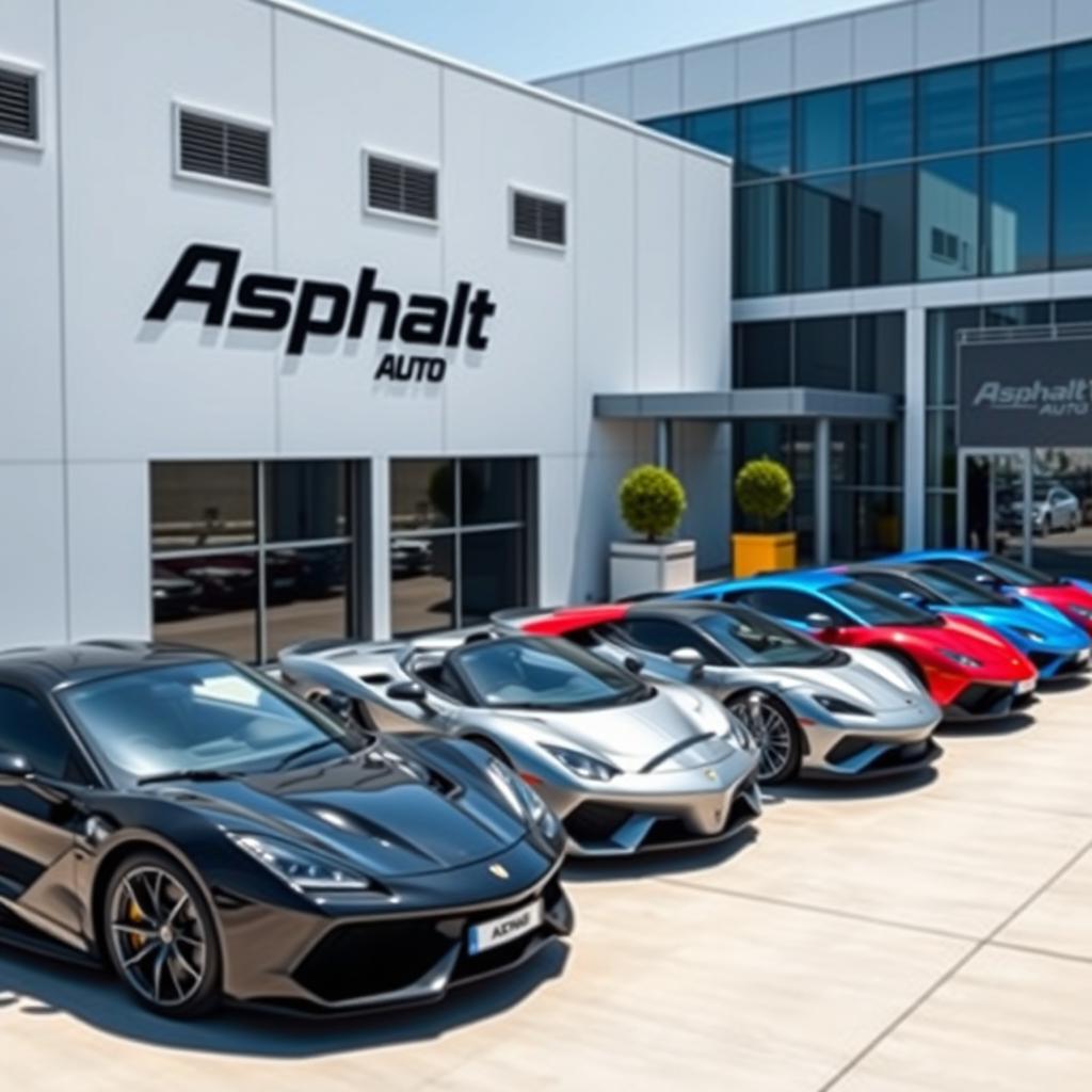 A vibrant scene featuring multiple models of sports cars from the new brand "Asphalt Auto" parked next to a modern factory