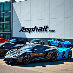 A vibrant scene featuring multiple models of sports cars from the new brand "Asphalt Auto" parked next to a modern factory