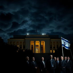 The Knesset building illuminated at night in a dim atmosphere, with only a few emergency lights casting a soft glow