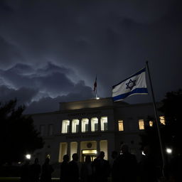 The Knesset building illuminated at night in a dim atmosphere, with only a few emergency lights casting a soft glow