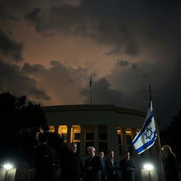 The Knesset building illuminated at night in a dim atmosphere, with only a few emergency lights casting a soft glow