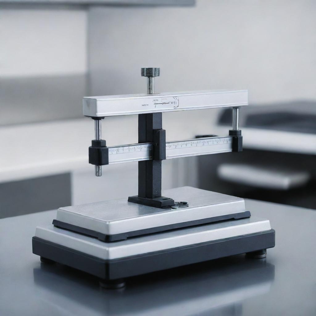 A detailed, realistic image of a triple beam balance, shining in a immaculate lab environment with precise, calibrated scales.