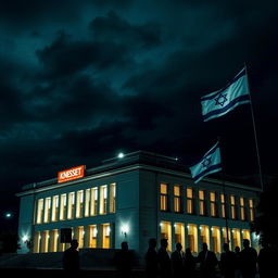 The Knesset building illuminated at night in a dim atmosphere, with only a few emergency lights casting a soft glow