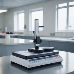 A detailed, realistic image of a triple beam balance, shining in a immaculate lab environment with precise, calibrated scales.