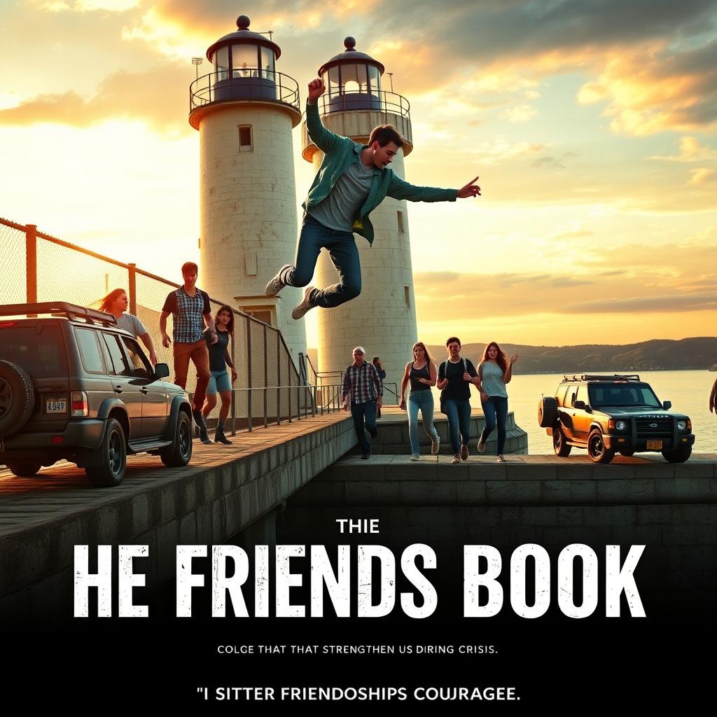 A cinematic film poster titled 'The Friends Book', showcasing a heart-stopping moment where a college student slips from a high bridge of a lighthouse over a dam