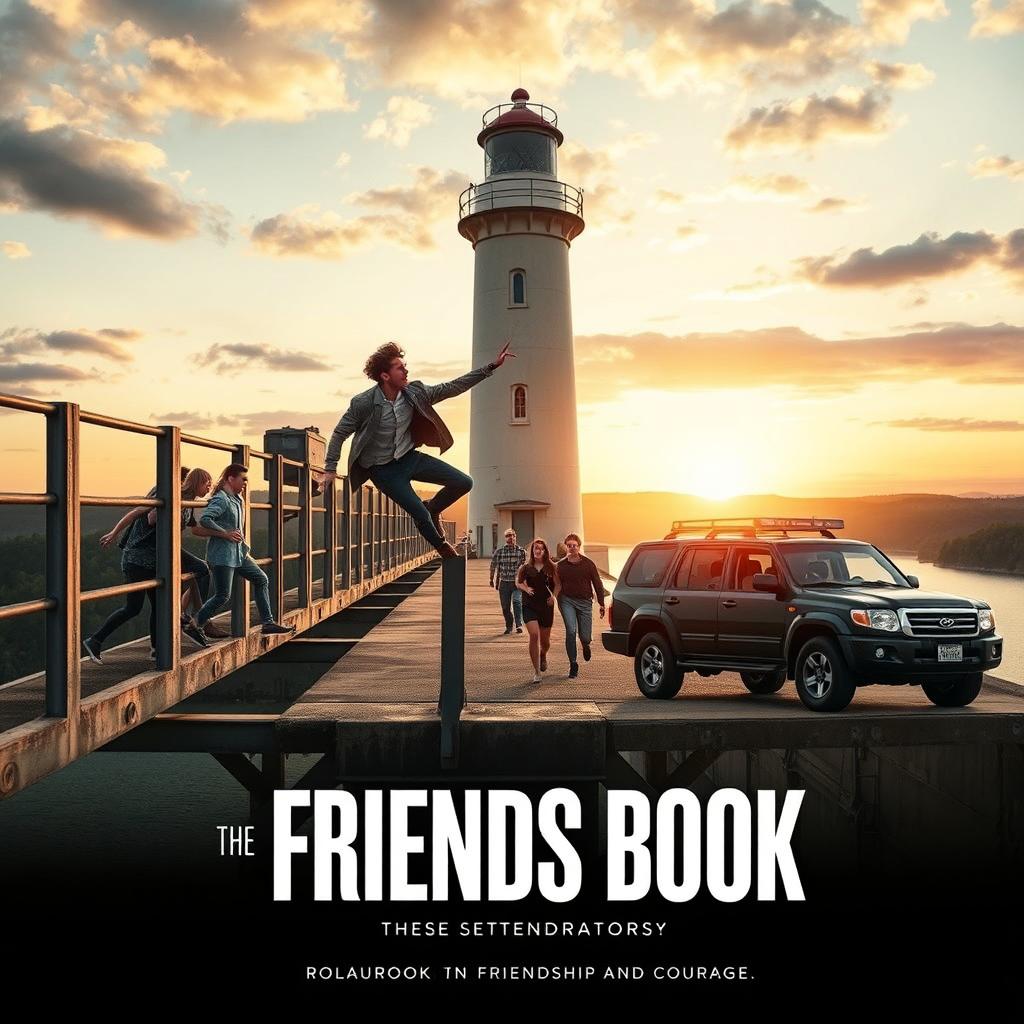 A cinematic film poster titled 'The Friends Book', showcasing a heart-stopping moment where a college student slips from a high bridge of a lighthouse over a dam