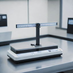 A detailed, realistic image of a triple beam balance, shining in a immaculate lab environment with precise, calibrated scales.