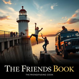 A cinematic film poster titled 'The Friends Book', showcasing a heart-stopping moment where a college student slips from a high bridge of a lighthouse over a dam