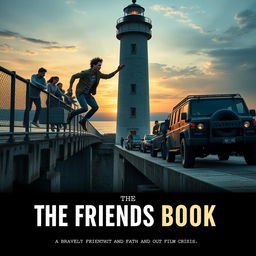 A cinematic film poster titled 'The Friends Book', showcasing a heart-stopping moment where a college student slips from a high bridge of a lighthouse over a dam