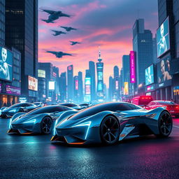 A futuristic street scene showcasing advanced, sleek cars of various designs