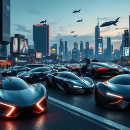 A futuristic street scene showcasing advanced, sleek cars of various designs