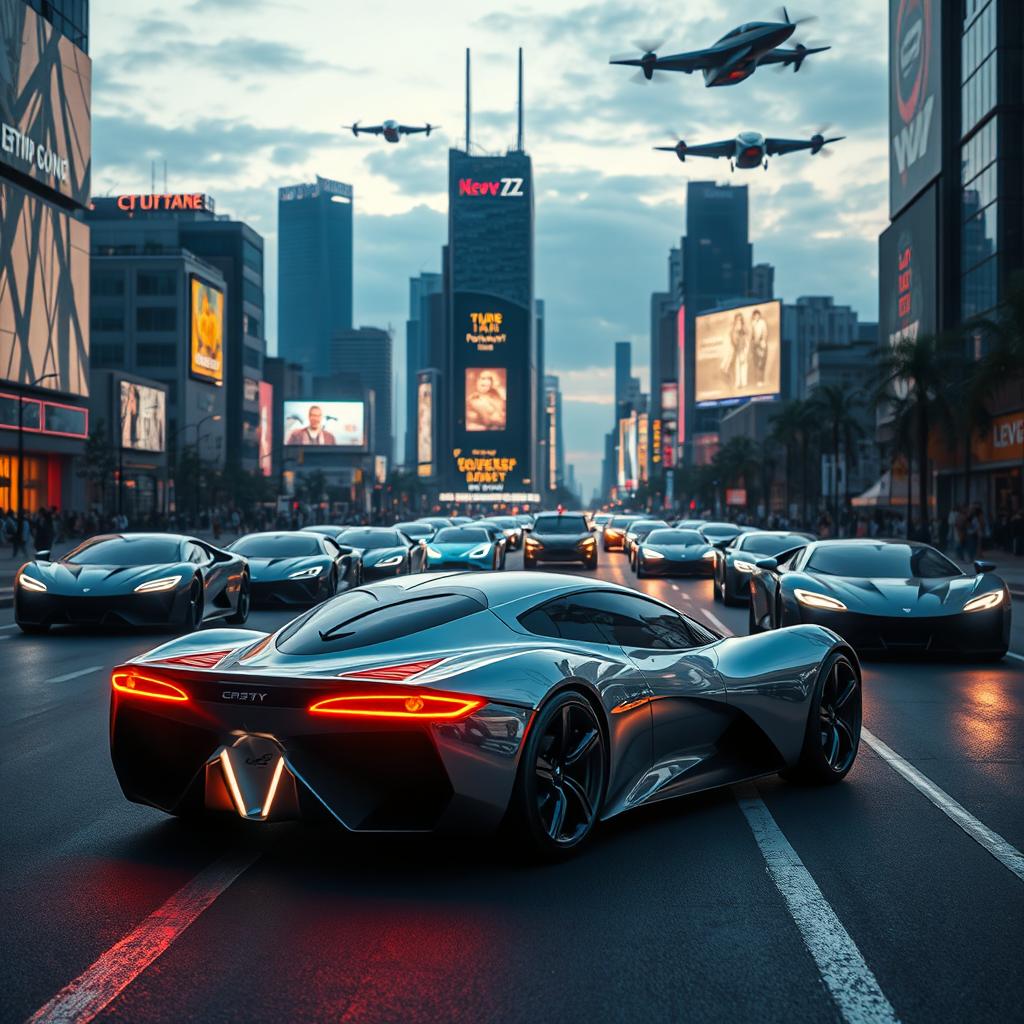 A futuristic street scene showcasing advanced, sleek cars of various designs