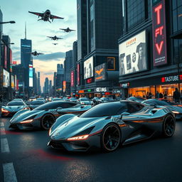 A futuristic street scene showcasing advanced, sleek cars of various designs