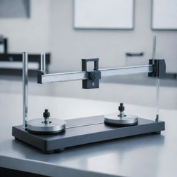 A detailed, realistic image of a triple beam balance, shining in a immaculate lab environment with precise, calibrated scales.