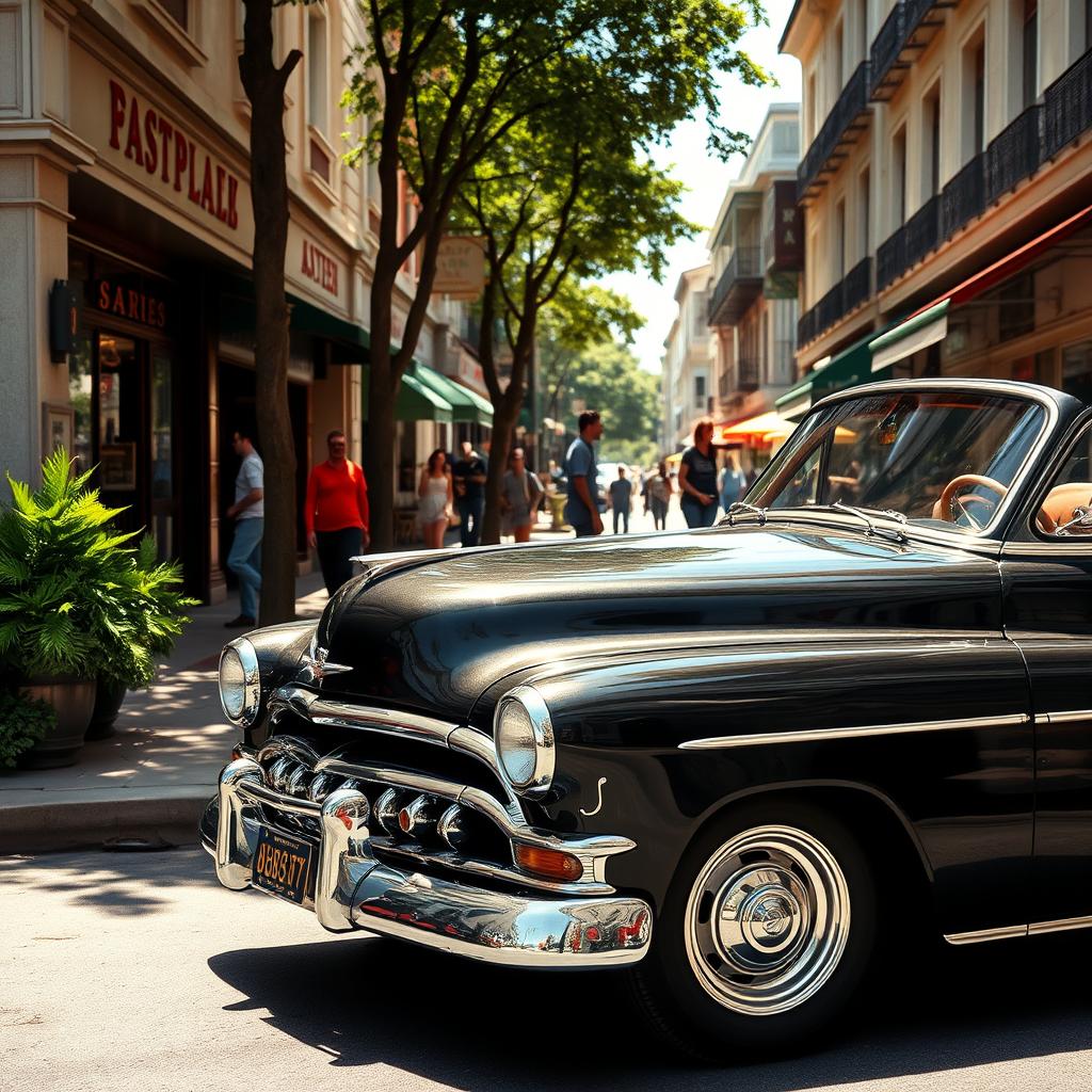 A vibrant street scene featuring a classic car parked along a bustling road